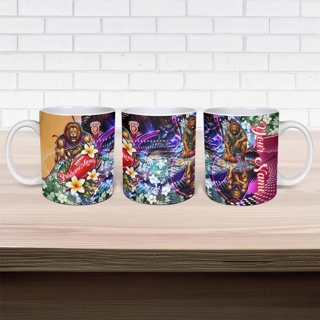 Personalized Brisbane Lions Football Ceramic Mug Tropical Hibiscus Flowers - Pacific Fusion Style