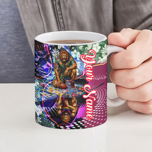 Personalized Brisbane Lions Football Ceramic Mug Tropical Hibiscus Flowers - Pacific Fusion Style