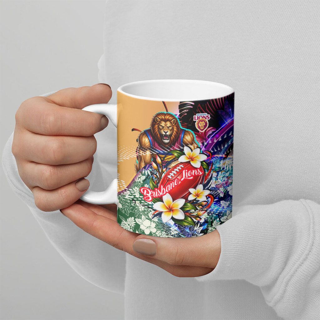 Personalized Brisbane Lions Football Ceramic Mug Tropical Hibiscus Flowers - Pacific Fusion Style