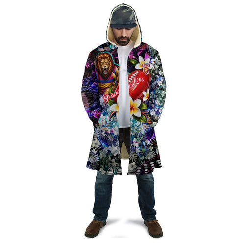 Personalized Brisbane Lions Football Cloak Tropical Hibiscus Flowers - Pacific Fusion Style