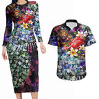 Personalized Brisbane Lions Football Couples Matching Long Sleeve Bodycon Dress and Hawaiian Shirt Tropical Hibiscus Flowers - Pacific Fusion Style