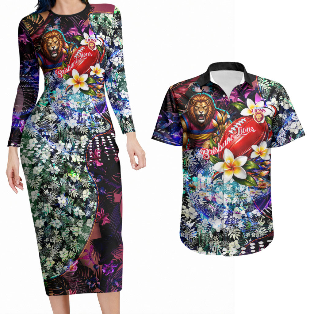 Personalized Brisbane Lions Football Couples Matching Long Sleeve Bodycon Dress and Hawaiian Shirt Tropical Hibiscus Flowers - Pacific Fusion Style