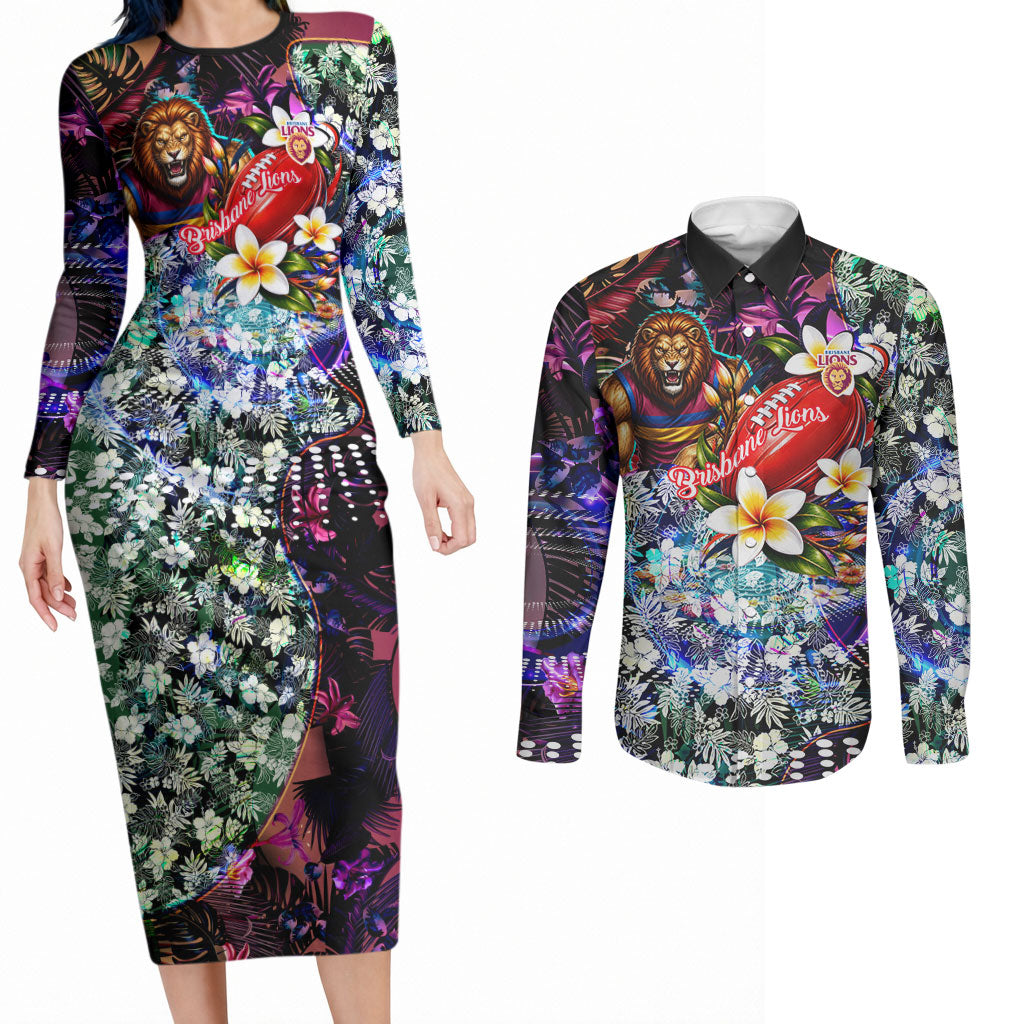 Personalized Brisbane Lions Football Couples Matching Long Sleeve Bodycon Dress and Long Sleeve Button Shirt Tropical Hibiscus Flowers - Pacific Fusion Style