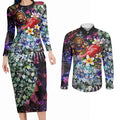 Personalized Brisbane Lions Football Couples Matching Long Sleeve Bodycon Dress and Long Sleeve Button Shirt Tropical Hibiscus Flowers - Pacific Fusion Style