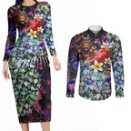 Personalized Brisbane Lions Football Couples Matching Long Sleeve Bodycon Dress and Long Sleeve Button Shirt Tropical Hibiscus Flowers - Pacific Fusion Style