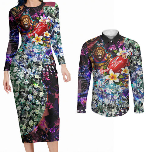 Personalized Brisbane Lions Football Couples Matching Long Sleeve Bodycon Dress and Long Sleeve Button Shirt Tropical Hibiscus Flowers - Pacific Fusion Style