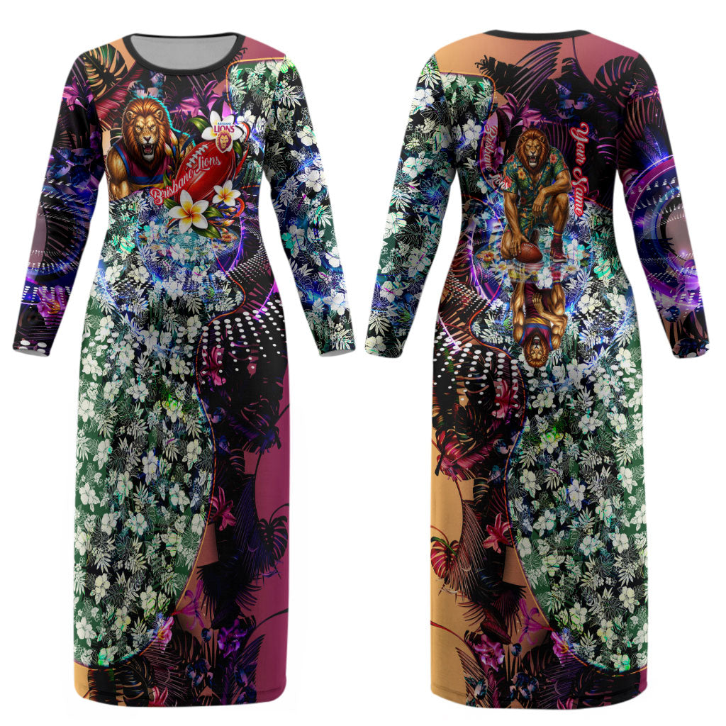 Personalized Brisbane Lions Football Couples Matching Long Sleeve Bodycon Dress and Long Sleeve Button Shirt Tropical Hibiscus Flowers - Pacific Fusion Style
