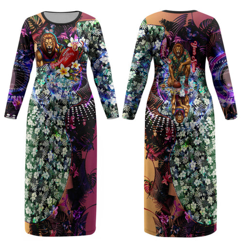 Personalized Brisbane Lions Football Couples Matching Long Sleeve Bodycon Dress and Long Sleeve Button Shirt Tropical Hibiscus Flowers - Pacific Fusion Style