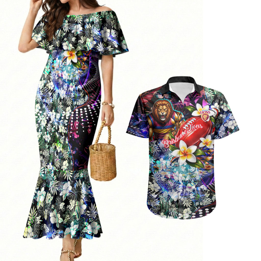 Personalized Brisbane Lions Football Couples Matching Mermaid Dress and Hawaiian Shirt Tropical Hibiscus Flowers - Pacific Fusion Style
