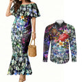 Personalized Brisbane Lions Football Couples Matching Mermaid Dress and Long Sleeve Button Shirt Tropical Hibiscus Flowers - Pacific Fusion Style