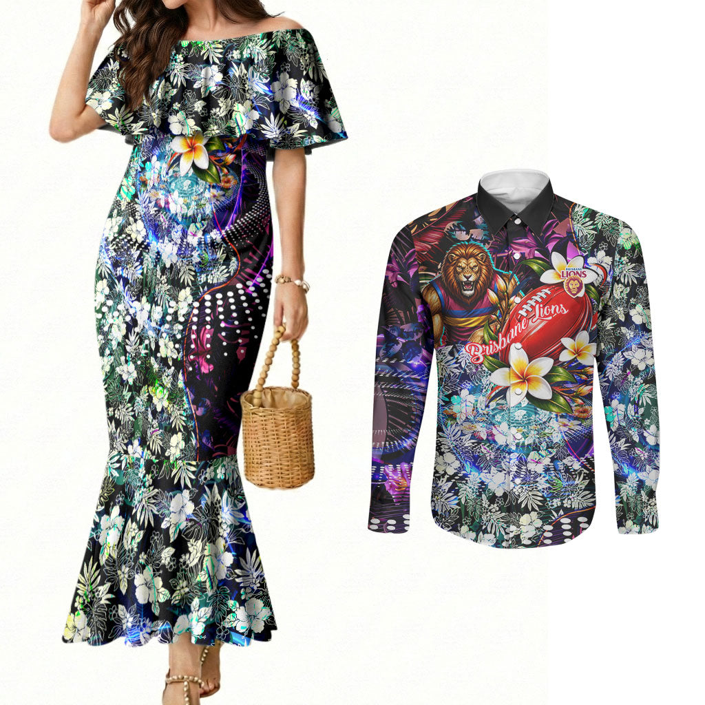 Personalized Brisbane Lions Football Couples Matching Mermaid Dress and Long Sleeve Button Shirt Tropical Hibiscus Flowers - Pacific Fusion Style