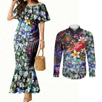 Personalized Brisbane Lions Football Couples Matching Mermaid Dress and Long Sleeve Button Shirt Tropical Hibiscus Flowers - Pacific Fusion Style