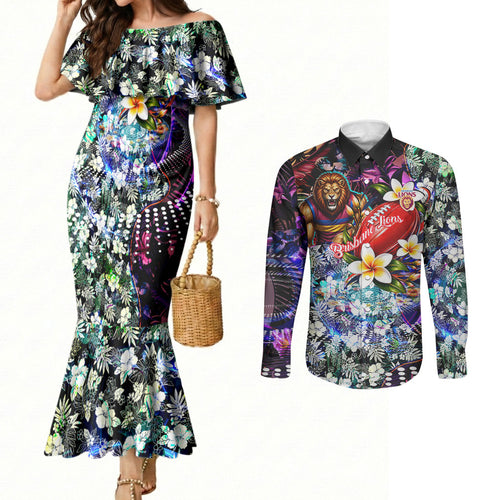 Personalized Brisbane Lions Football Couples Matching Mermaid Dress and Long Sleeve Button Shirt Tropical Hibiscus Flowers - Pacific Fusion Style