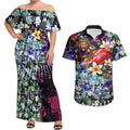 Personalized Brisbane Lions Football Couples Matching Off Shoulder Maxi Dress and Hawaiian Shirt Tropical Hibiscus Flowers - Pacific Fusion Style