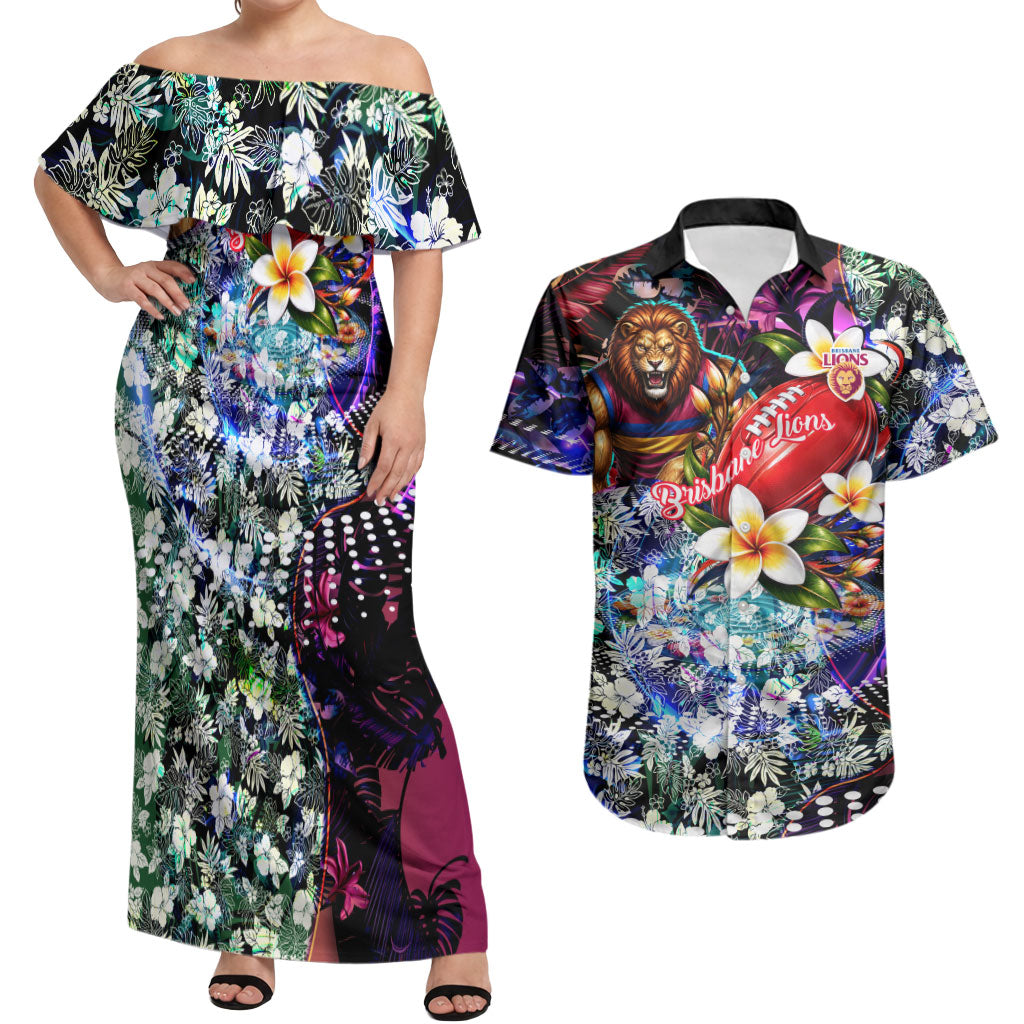 Personalized Brisbane Lions Football Couples Matching Off Shoulder Maxi Dress and Hawaiian Shirt Tropical Hibiscus Flowers - Pacific Fusion Style