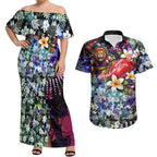 Personalized Brisbane Lions Football Couples Matching Off Shoulder Maxi Dress and Hawaiian Shirt Tropical Hibiscus Flowers - Pacific Fusion Style