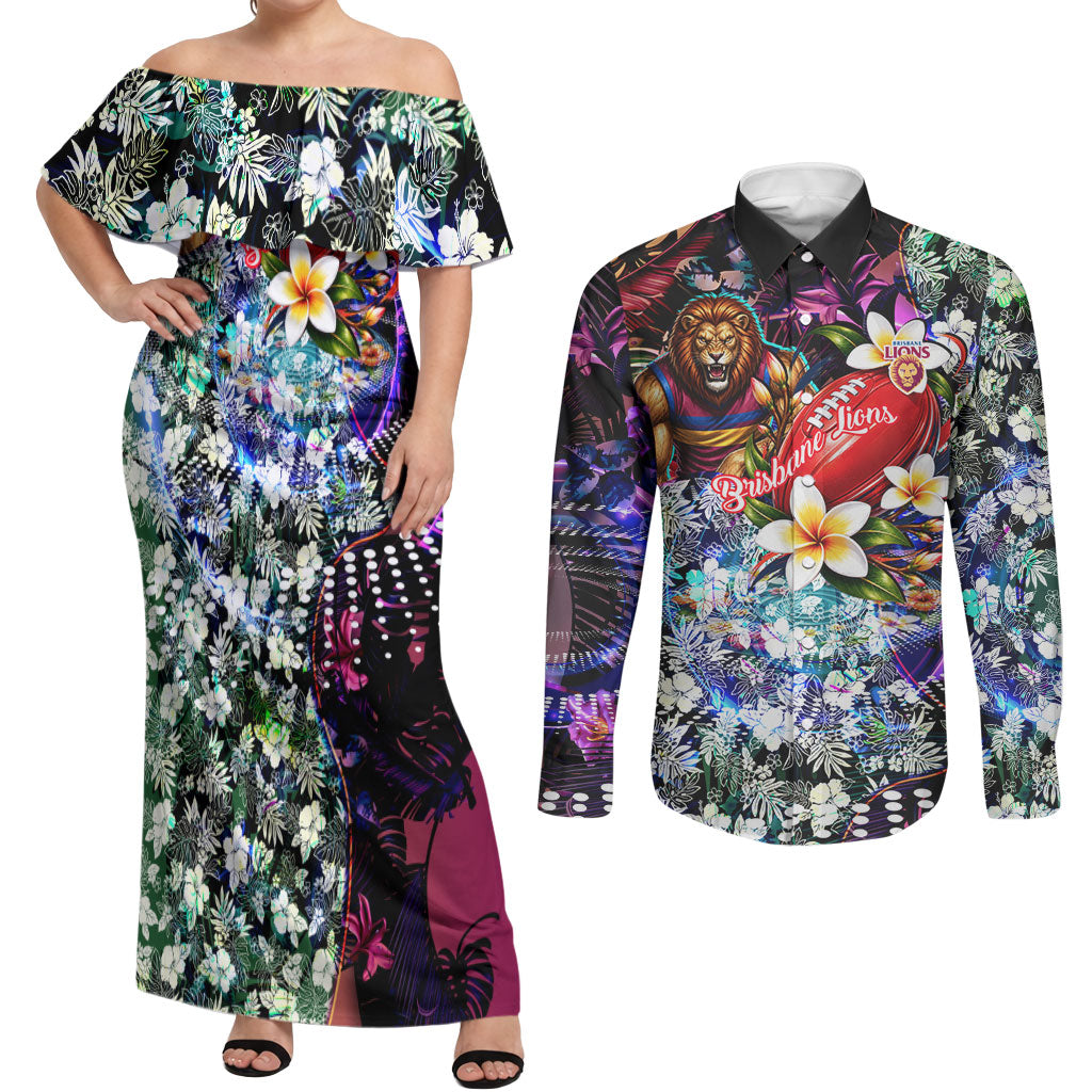 Personalized Brisbane Lions Football Couples Matching Off Shoulder Maxi Dress and Long Sleeve Button Shirt Tropical Hibiscus Flowers - Pacific Fusion Style