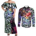 Personalized Brisbane Lions Football Couples Matching Off Shoulder Maxi Dress and Long Sleeve Button Shirt Tropical Hibiscus Flowers - Pacific Fusion Style