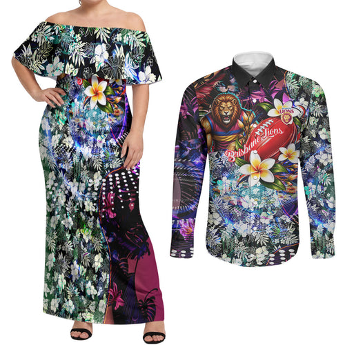 Personalized Brisbane Lions Football Couples Matching Off Shoulder Maxi Dress and Long Sleeve Button Shirt Tropical Hibiscus Flowers - Pacific Fusion Style