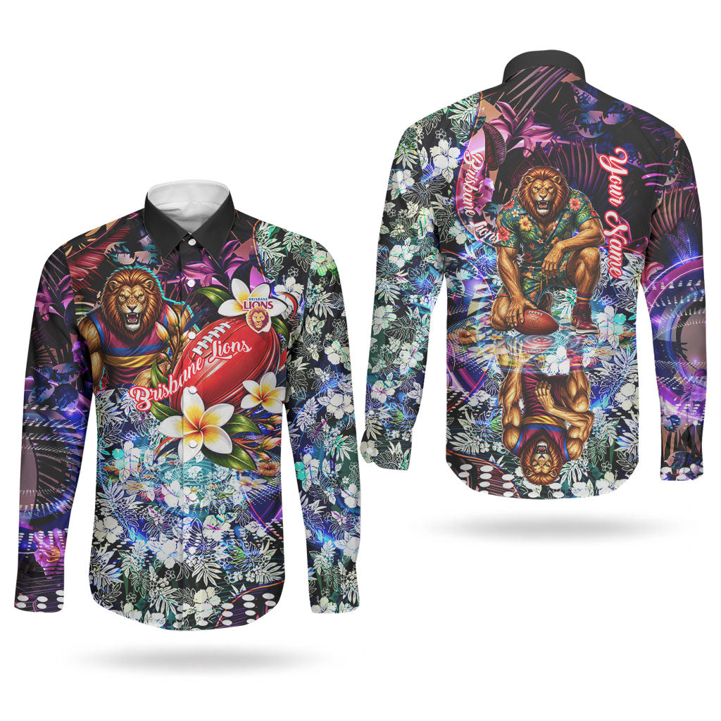 Personalized Brisbane Lions Football Couples Matching Off Shoulder Maxi Dress and Long Sleeve Button Shirt Tropical Hibiscus Flowers - Pacific Fusion Style