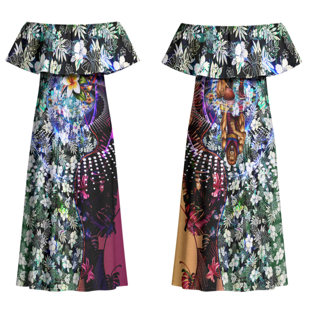 Personalized Brisbane Lions Football Couples Matching Off Shoulder Maxi Dress and Long Sleeve Button Shirt Tropical Hibiscus Flowers - Pacific Fusion Style