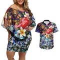 Personalized Brisbane Lions Football Couples Matching Off Shoulder Short Dress and Hawaiian Shirt Tropical Hibiscus Flowers - Pacific Fusion Style