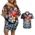 Personalized Brisbane Lions Football Couples Matching Off Shoulder Short Dress and Hawaiian Shirt Tropical Hibiscus Flowers - Pacific Fusion Style