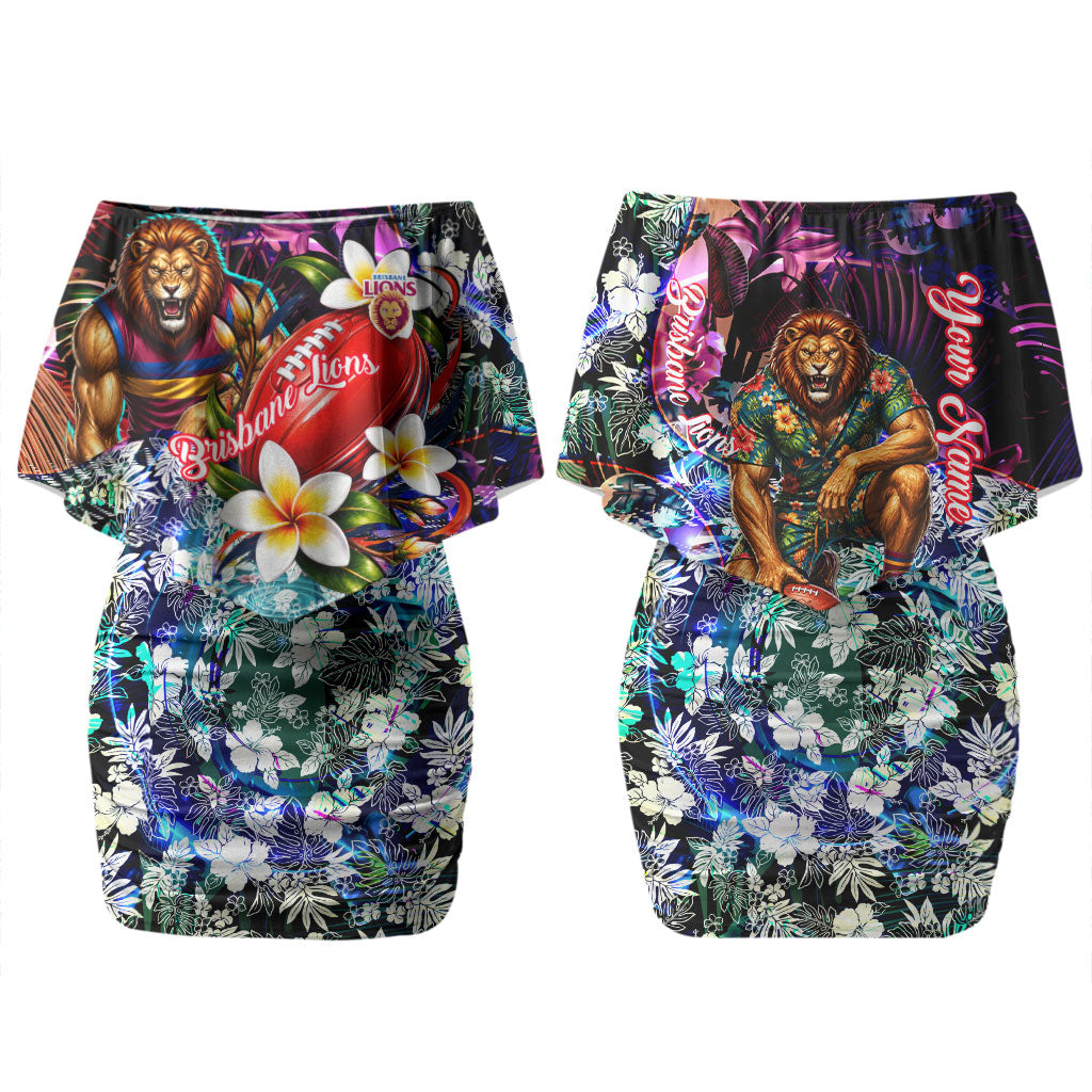 Personalized Brisbane Lions Football Couples Matching Off Shoulder Short Dress and Hawaiian Shirt Tropical Hibiscus Flowers - Pacific Fusion Style