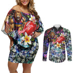Personalized Brisbane Lions Football Couples Matching Off Shoulder Short Dress and Long Sleeve Button Shirt Tropical Hibiscus Flowers - Pacific Fusion Style