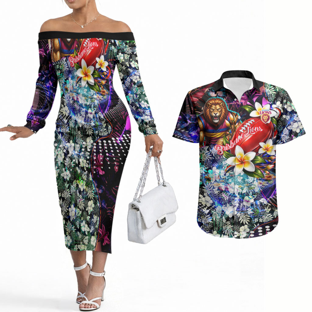 Personalized Brisbane Lions Football Couples Matching Off The Shoulder Long Sleeve Dress and Hawaiian Shirt Tropical Hibiscus Flowers - Pacific Fusion Style