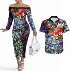 Personalized Brisbane Lions Football Couples Matching Off The Shoulder Long Sleeve Dress and Hawaiian Shirt Tropical Hibiscus Flowers - Pacific Fusion Style