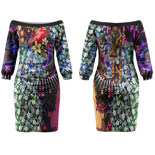 Personalized Brisbane Lions Football Couples Matching Off The Shoulder Long Sleeve Dress and Hawaiian Shirt Tropical Hibiscus Flowers - Pacific Fusion Style