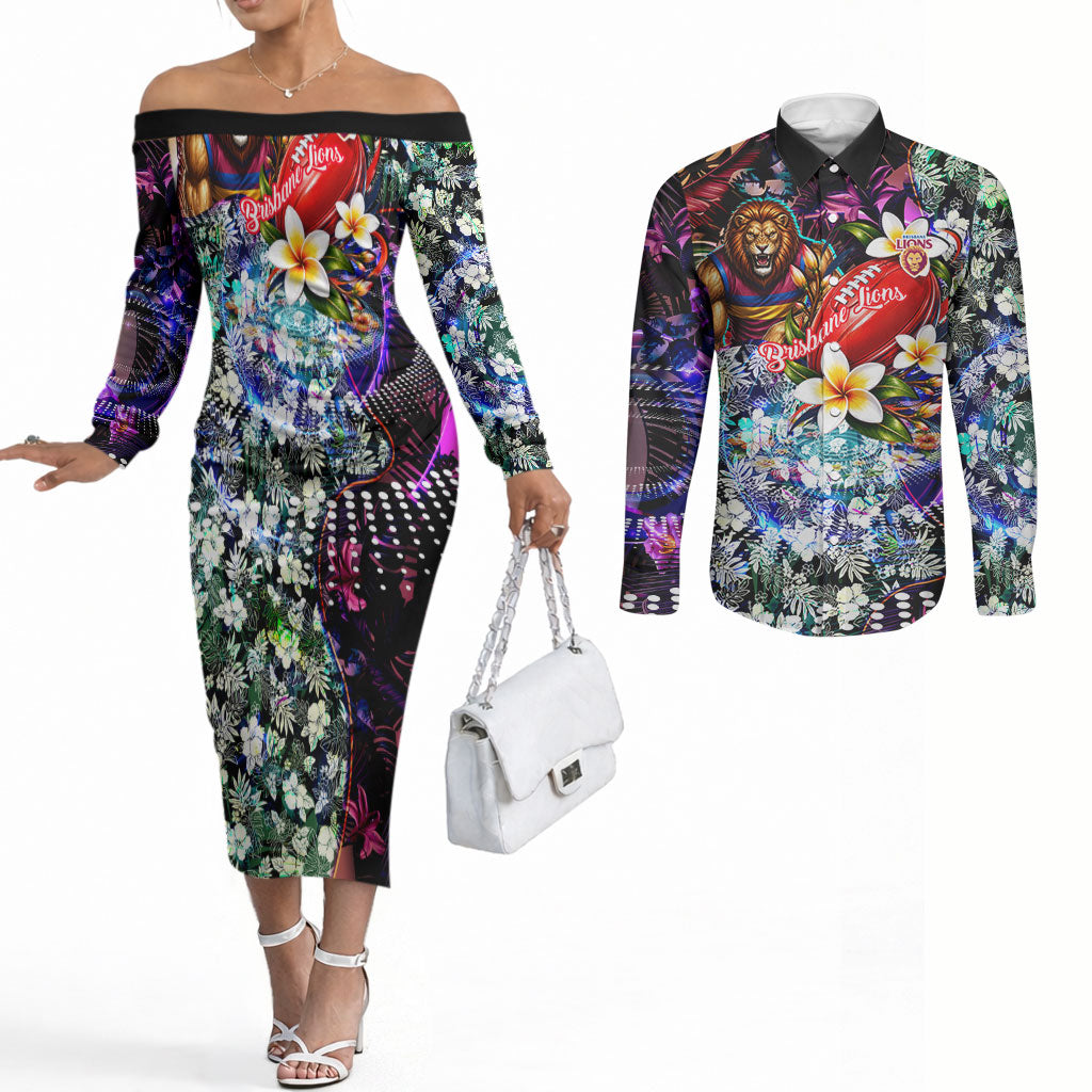 Personalized Brisbane Lions Football Couples Matching Off The Shoulder Long Sleeve Dress and Long Sleeve Button Shirt Tropical Hibiscus Flowers - Pacific Fusion Style