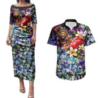 Personalized Brisbane Lions Football Couples Matching Puletasi and Hawaiian Shirt Tropical Hibiscus Flowers - Pacific Fusion Style