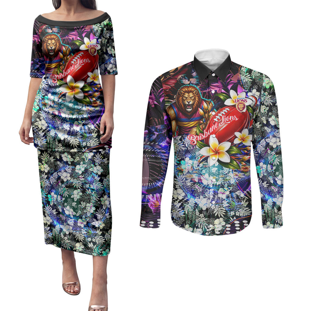 Personalized Brisbane Lions Football Couples Matching Puletasi and Long Sleeve Button Shirt Tropical Hibiscus Flowers - Pacific Fusion Style