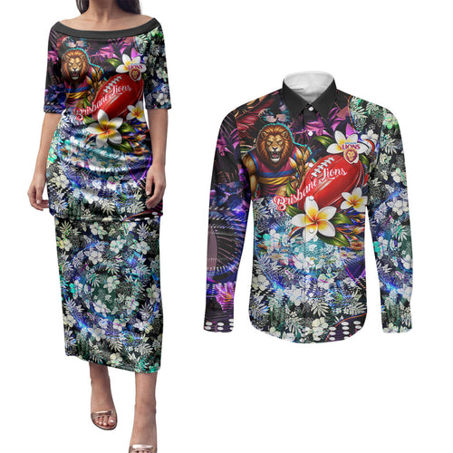 Personalized Brisbane Lions Football Couples Matching Puletasi and Long Sleeve Button Shirt Tropical Hibiscus Flowers - Pacific Fusion Style