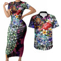 Personalized Brisbane Lions Football Couples Matching Short Sleeve Bodycon Dress and Hawaiian Shirt Tropical Hibiscus Flowers - Pacific Fusion Style