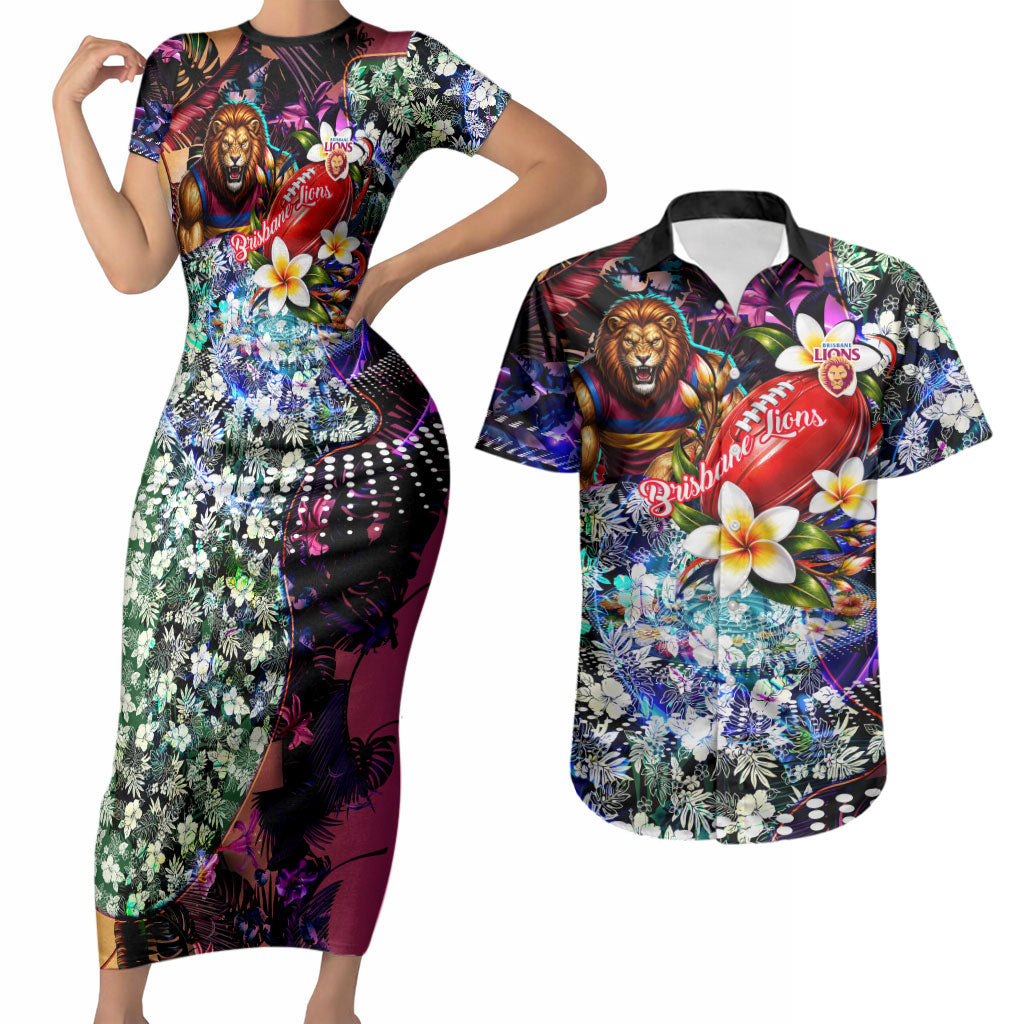 Personalized Brisbane Lions Football Couples Matching Short Sleeve Bodycon Dress and Hawaiian Shirt Tropical Hibiscus Flowers - Pacific Fusion Style