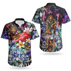 Personalized Brisbane Lions Football Couples Matching Short Sleeve Bodycon Dress and Hawaiian Shirt Tropical Hibiscus Flowers - Pacific Fusion Style