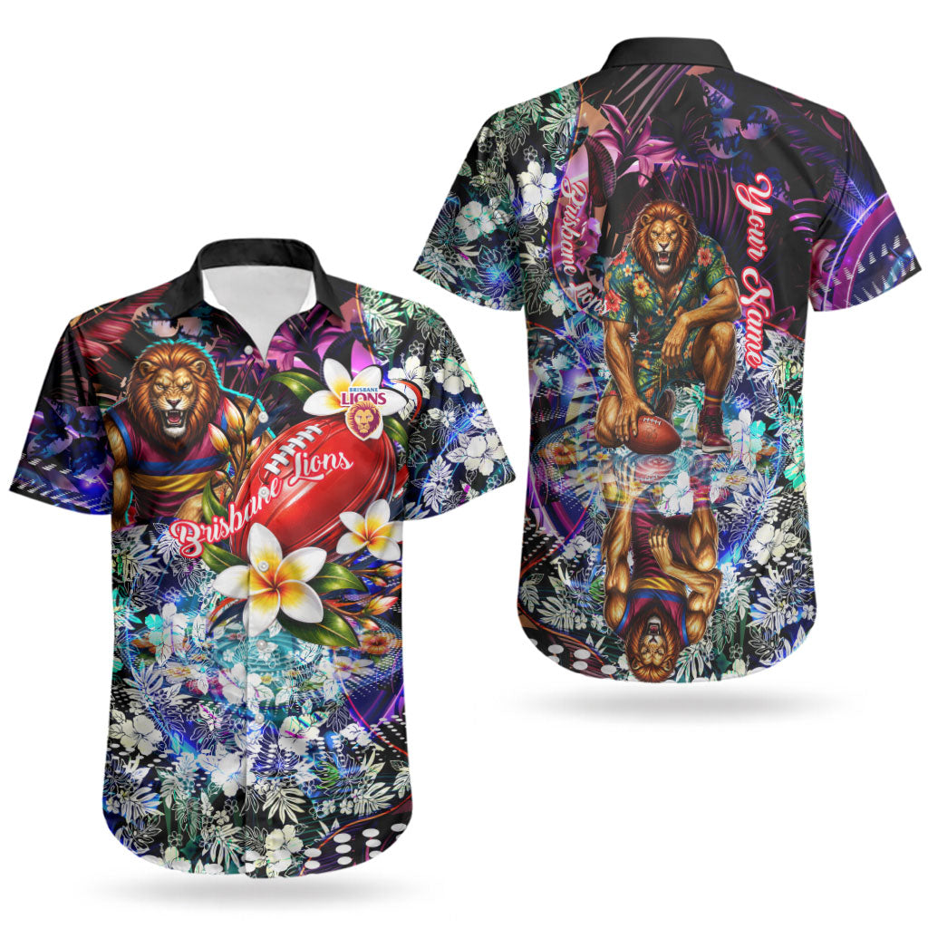 Personalized Brisbane Lions Football Couples Matching Short Sleeve Bodycon Dress and Hawaiian Shirt Tropical Hibiscus Flowers - Pacific Fusion Style