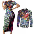 Personalized Brisbane Lions Football Couples Matching Short Sleeve Bodycon Dress and Long Sleeve Button Shirt Tropical Hibiscus Flowers - Pacific Fusion Style