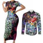 Personalized Brisbane Lions Football Couples Matching Short Sleeve Bodycon Dress and Long Sleeve Button Shirt Tropical Hibiscus Flowers - Pacific Fusion Style