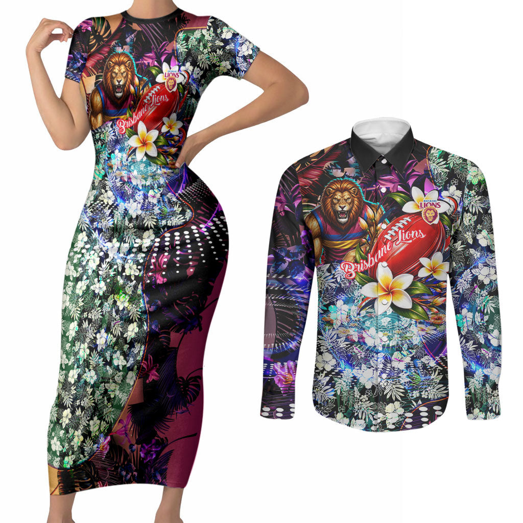 Personalized Brisbane Lions Football Couples Matching Short Sleeve Bodycon Dress and Long Sleeve Button Shirt Tropical Hibiscus Flowers - Pacific Fusion Style