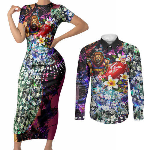 Personalized Brisbane Lions Football Couples Matching Short Sleeve Bodycon Dress and Long Sleeve Button Shirt Tropical Hibiscus Flowers - Pacific Fusion Style