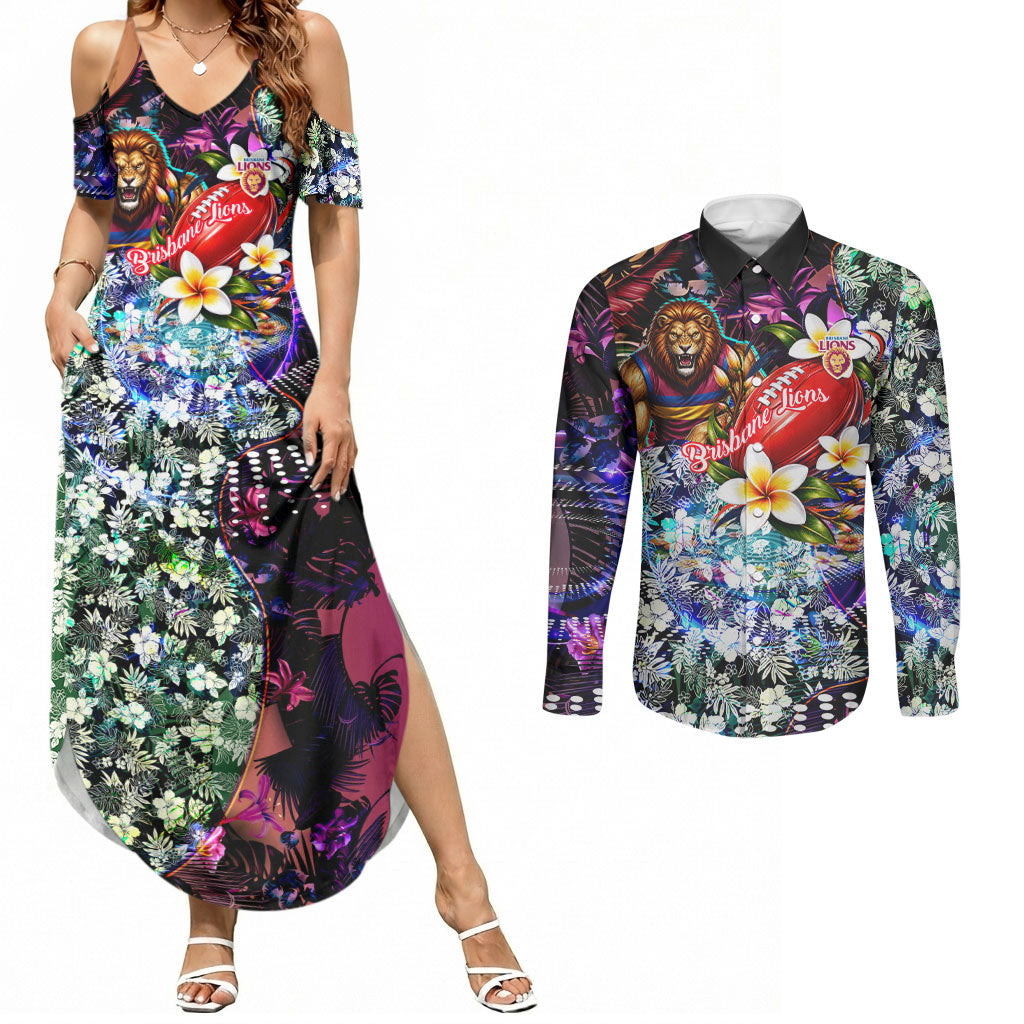 Personalized Brisbane Lions Football Couples Matching Summer Maxi Dress and Long Sleeve Button Shirt Tropical Hibiscus Flowers - Pacific Fusion Style