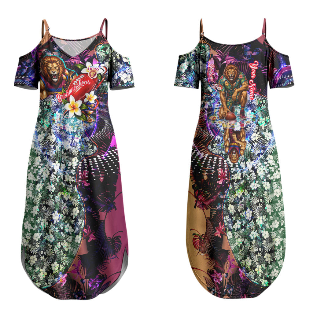 Personalized Brisbane Lions Football Couples Matching Summer Maxi Dress and Long Sleeve Button Shirt Tropical Hibiscus Flowers - Pacific Fusion Style