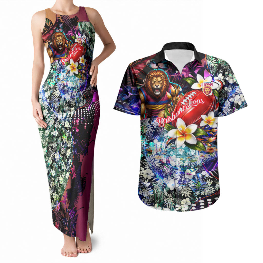 Personalized Brisbane Lions Football Couples Matching Tank Maxi Dress and Hawaiian Shirt Tropical Hibiscus Flowers - Pacific Fusion Style