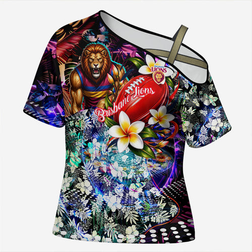 Personalized Brisbane Lions Football Cross Shoulder Shirt Tropical Hibiscus Flowers - Pacific Fusion Style