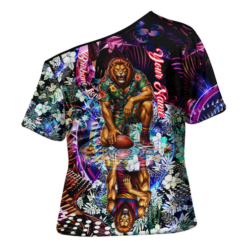 Personalized Brisbane Lions Football Cross Shoulder Shirt Tropical Hibiscus Flowers - Pacific Fusion Style