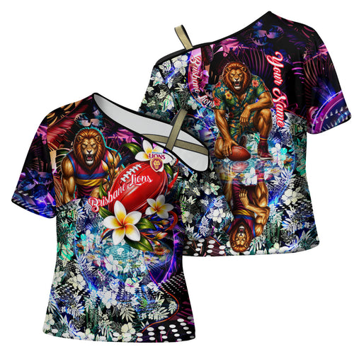 Personalized Brisbane Lions Football Cross Shoulder Shirt Tropical Hibiscus Flowers - Pacific Fusion Style